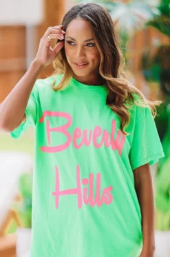 Hazel & Olive NEW ARRIVALS Beverly Hills Graphic Tee - Neon Green And Pink