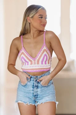 Hazel & Olive NEW ARRIVALS Cali Dreaming Knit Crochet Top - Purple, White, Apricot