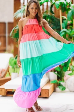 Hazel & Olive Color In Caicos Maxi Dress - Rainbow Pink, Mint, Blue, Purple