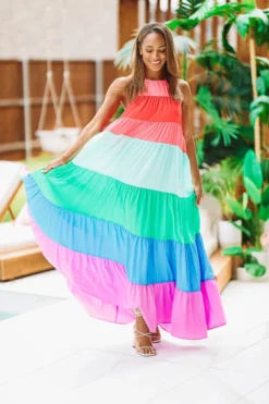 Hazel & Olive Color In Caicos Maxi Dress - Rainbow Pink, Mint, Blue, Purple