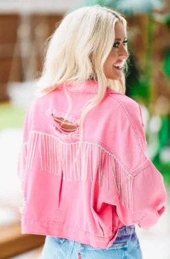 Hazel & Olive Country Rockin' Rhinestone Cropped Denim Jacket - Hot Pink NEW ARRIVALS