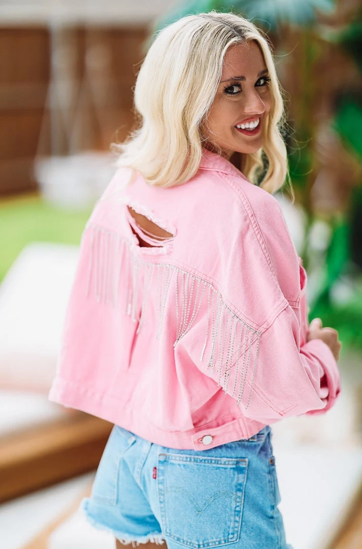 Hazel & Olive Country Rockin' Rhinestone Cropped Denim Jacket - Pink 3 Hazel & Olive Country Rockin' Rhinestone Cropped Denim Jacket - Pink