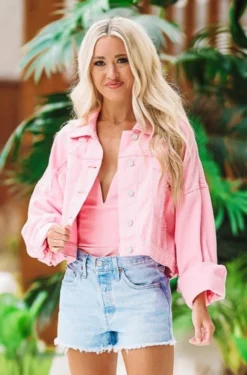Hazel & Olive Country Rockin' Rhinestone Cropped Denim Jacket - Pink
