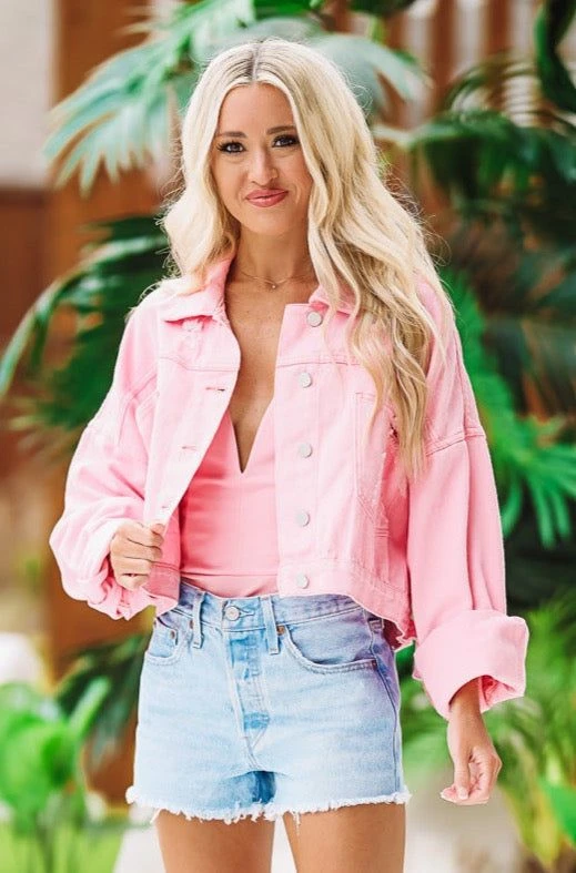 Hazel & Olive Country Rockin' Rhinestone Cropped Denim Jacket - Pink 4 Hazel & Olive Country Rockin' Rhinestone Cropped Denim Jacket - Pink