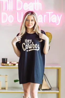 Hazel & Olive NEW ARRIVALS Hey Cowboy Graphic Tshirt Dress Or Tee - Black