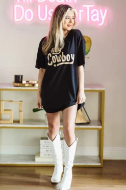 Hazel & Olive NEW ARRIVALS Hey Cowboy Graphic Tshirt Dress Or Tee - Black