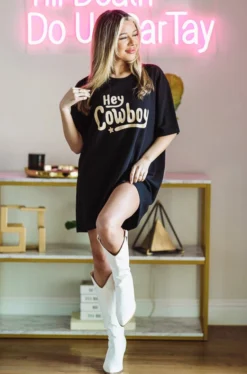 Hazel & Olive NEW ARRIVALS Hey Cowboy Graphic Tshirt Dress Or Tee - Black
