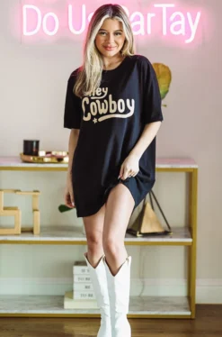 Hazel & Olive NEW ARRIVALS Hey Cowboy Graphic Tshirt Dress Or Tee - Black