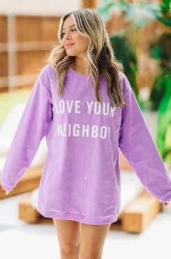 Hazel & Olive NEW ARRIVALS Love Your Neighbor Crewneck Pullover - Purple