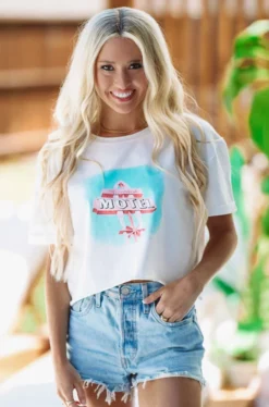 Hazel & Olive Mimosas Motel Crop Top Graphic Tee - White NEW ARRIVALS