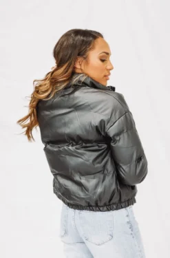 Hazel & Olive NEW ARRIVALS Rock With Me Vegan Leather Puffer Coat - Black (FINAL SALE)