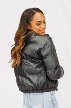 Hazel & Olive NEW ARRIVALS Rock With Me Vegan Leather Puffer Coat - Black (FINAL SALE)