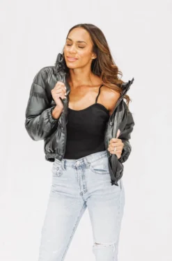 Hazel & Olive NEW ARRIVALS Rock With Me Vegan Leather Puffer Coat - Black (FINAL SALE)