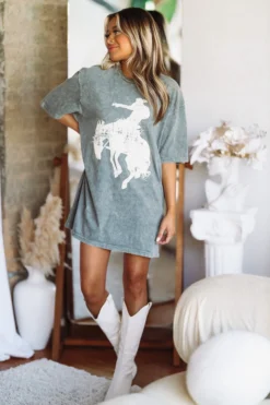 Hazel & Olive Saddle Up Graphic Tshirt Dress Or Tee - Smokey Gray