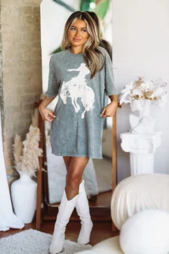 Hazel & Olive Saddle Up Graphic Tshirt Dress Or Tee - Smokey Gray