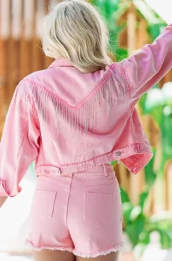 Hazel & Olive Store 68 Hazel & Olive NEW ARRIVALS Something To Talk About Fringe Denim Jacket - Pink