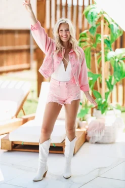 Hazel & Olive NEW ARRIVALS Something To Talk About Fringe Denim Jacket - Pink