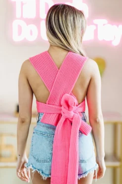 Hazel & Olive Take The Plunge Knit Crop Top - Hot Pink NEW ARRIVALS