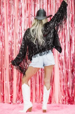 Hazel & Olive NEW ARRIVALS Timeless Sequin Fringe Jacket - Black