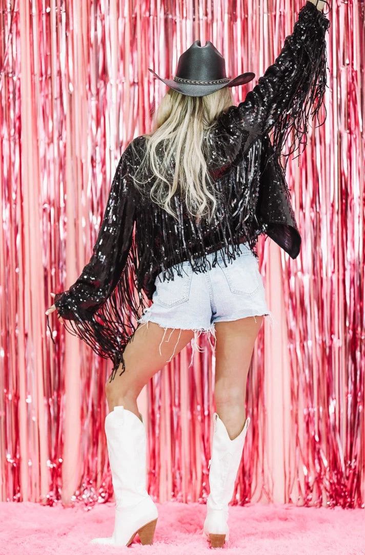 Hazel & Olive NEW ARRIVALS Timeless Sequin Fringe Jacket - Black 4 Hazel & Olive NEW ARRIVALS Timeless Sequin Fringe Jacket - Black